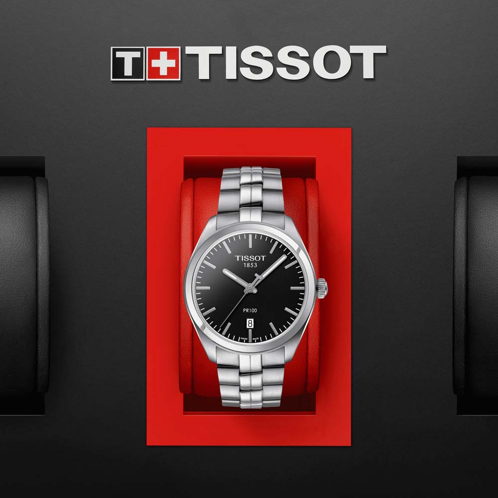 tissot t-classic pr 100 black dial 39mm stainless steel gents watch in presentation box