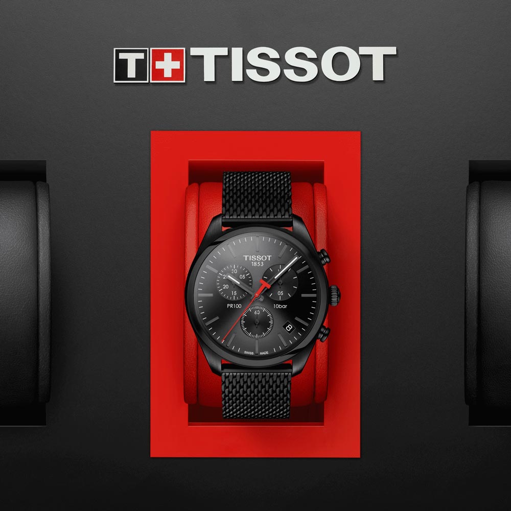 Tissot PR 100 Chronograph 41mm Black Dial Black PVD Steel Gents Quartz Watch T1014173305100