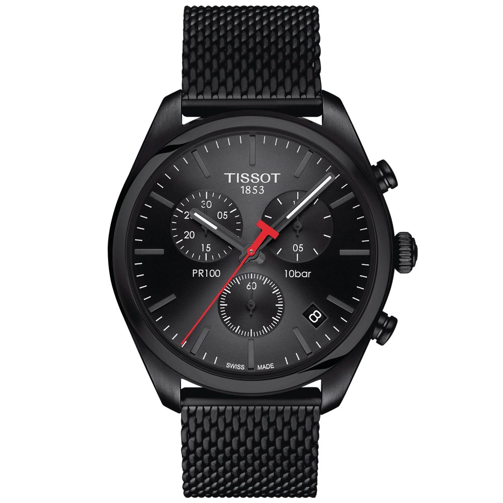 Tissot PR 100 Chronograph 41mm Black Dial Black PVD Steel Gents Quartz Watch T1014173305100