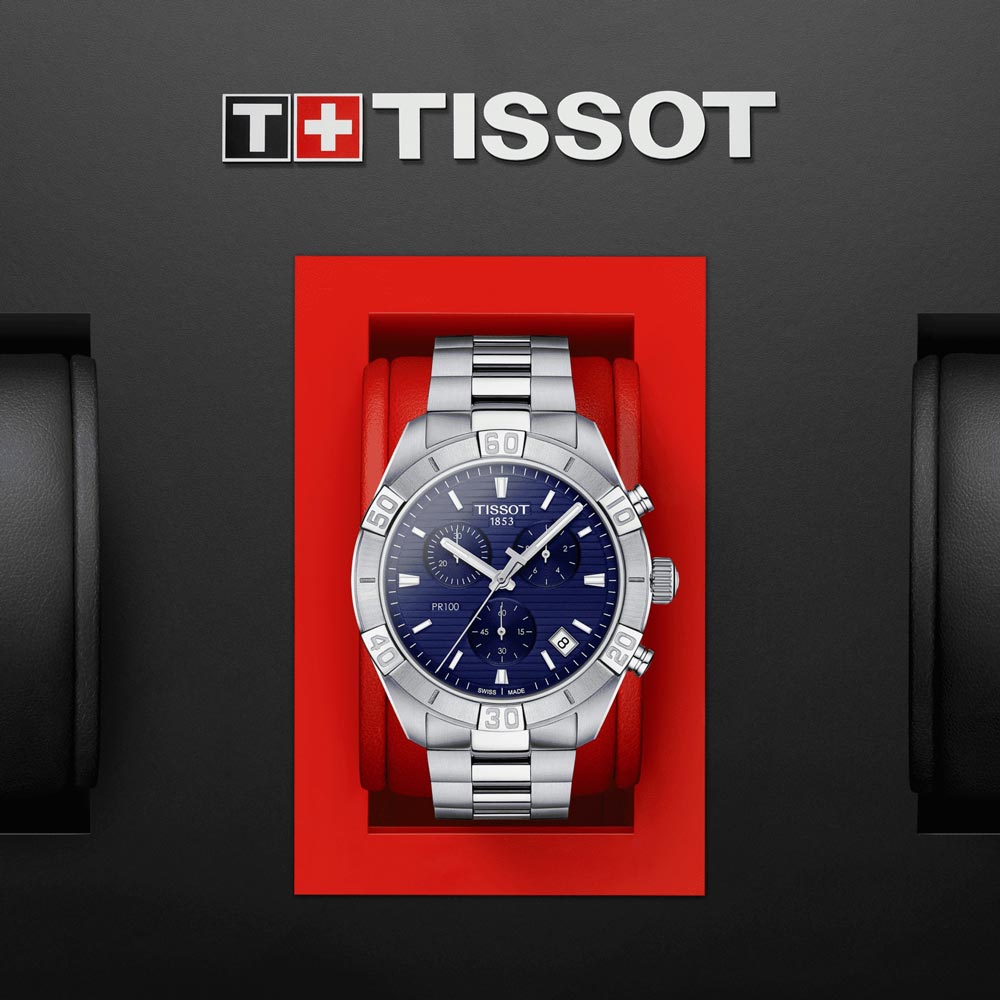 tissot t-classic t-sport pr 100 chronograph 44mm blue dial stainless steel gents watch in presentation box