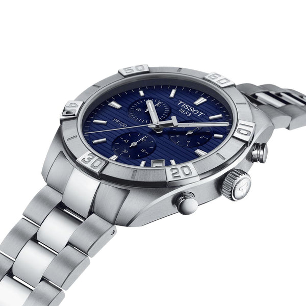 tissot t-classic t-sport pr 100 chronograph 44mm blue dial stainless steel gents watch lug view