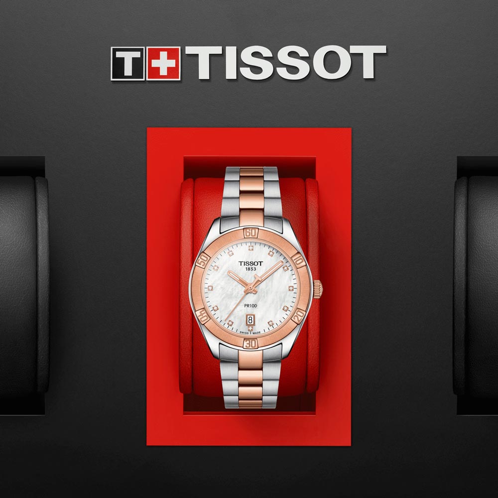 Tissot PR 100 Sport Chic 36mm MOP Diamond Dot Dial Rose Gold PVD Steel Ladies Quartz Watch T1019102211600