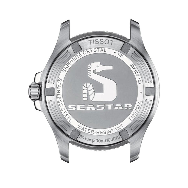 tissot t-sport seastar 1000 blue dial 36mm stainless steel watch case back view