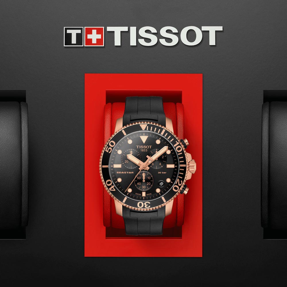 tissot t-sport seastar 1000 chronograph black dial rose gold pvd steel gents watch in presentation box