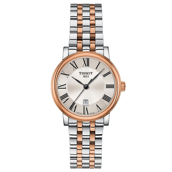 tissot t-classic carson premium lady 30mm silver dial rose gold pvd steel watch