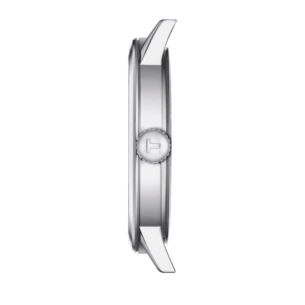 tissot t-classic dream 42mm silver dial stainless steel gents watch side view of crown