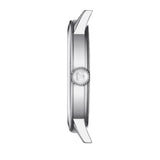 tissot t-classic dream 42mm silver dial stainless steel gents watch side view of crown