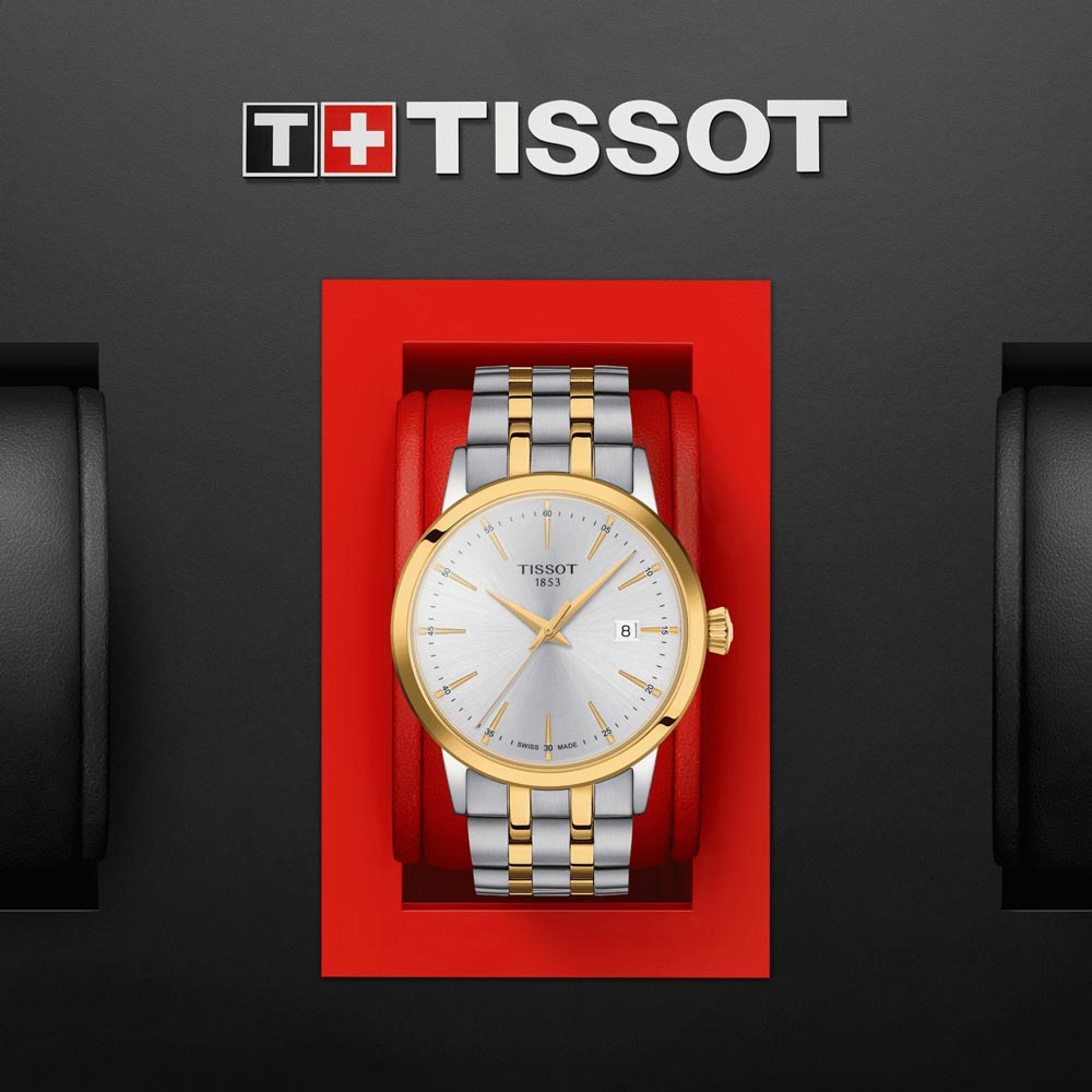 tissot t-classic dream 42mm silver dial yellow gold pvd steel gents watch in presentation box