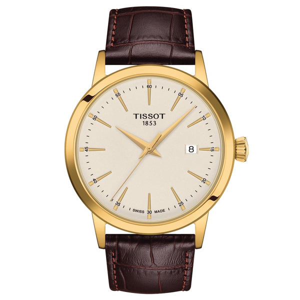 tissot t-classic dream 42mm ivory dial yellow gold pvd steel gents watch