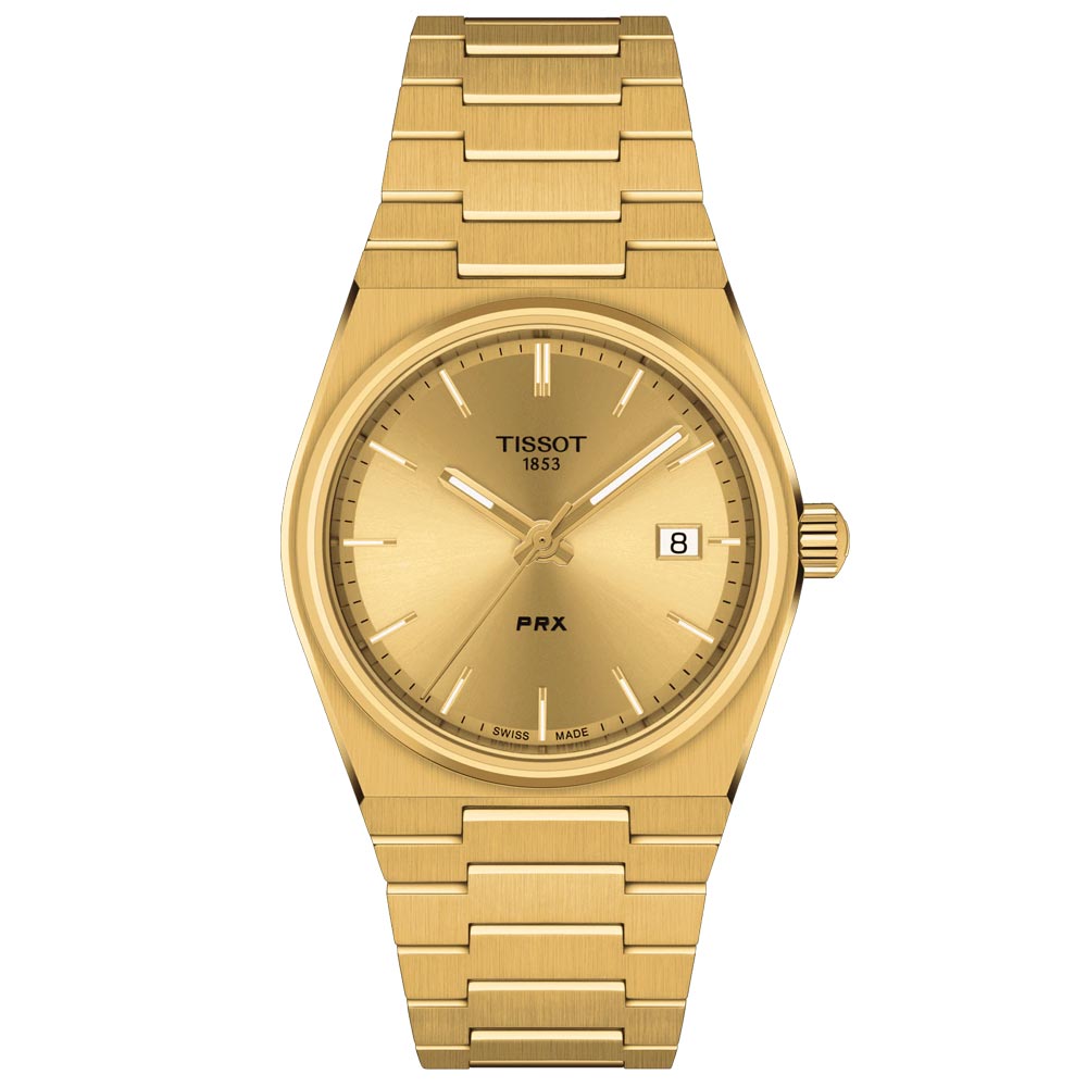 tissot t-classic prx 35mm champagne dial gold pvd steel watch