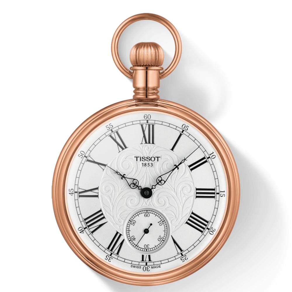 Tissot Lepine Mechanical Rose Gold Plated Brass 51mm Silver Embossed Dial Manual Wound Pocket Watch T8614059903301