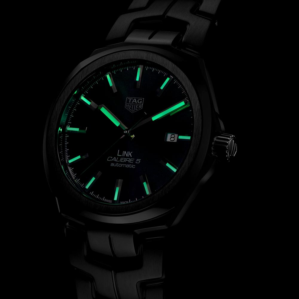 tag heuer link 41mm blue dial automatic gents watch in the dark shot