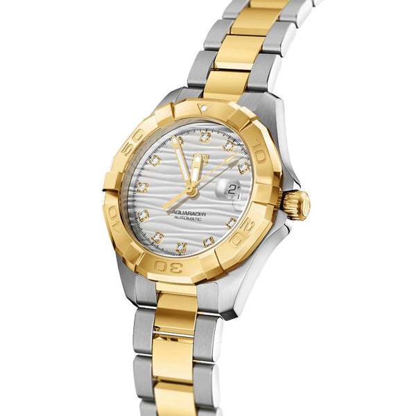 tag heuer aquaracer 32mm grey dial 18ct gold plated steel diamond automatic ladies watch dial close up