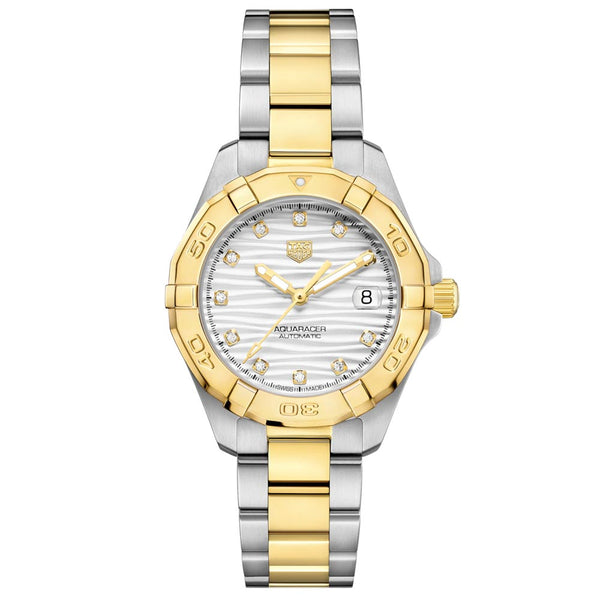tag heuer aquaracer 32mm grey dial 18ct gold plated steel diamond automatic ladies watch