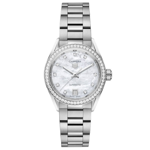 tag heuer carrera date 29mm mop dial diamond automatic ladies watch
