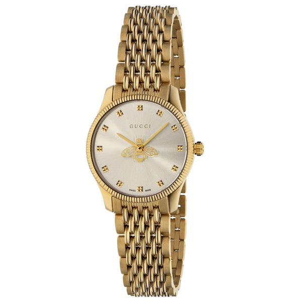 Gucci G-Timeless 29mm Silver Dial with Slim Bee Motif Steel & Gold PVD Bracelet Ladies Watch YA1265021