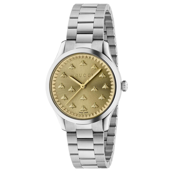 gucci g-timeless 32mm gold dial with bees stainless steel ladies watch