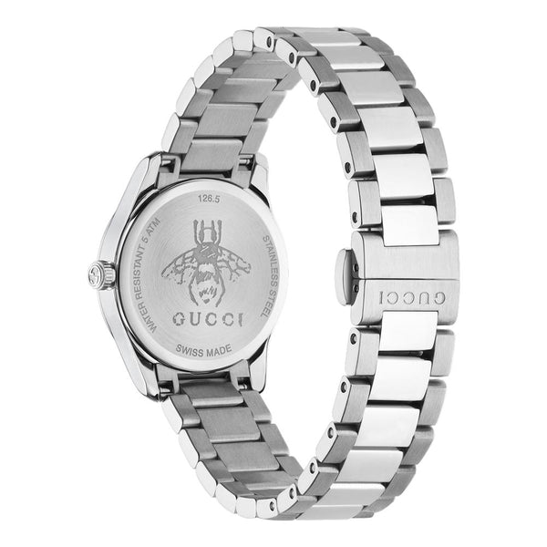 gucci g-timeless 27mm silver dial stainless steel ladies watch case back view