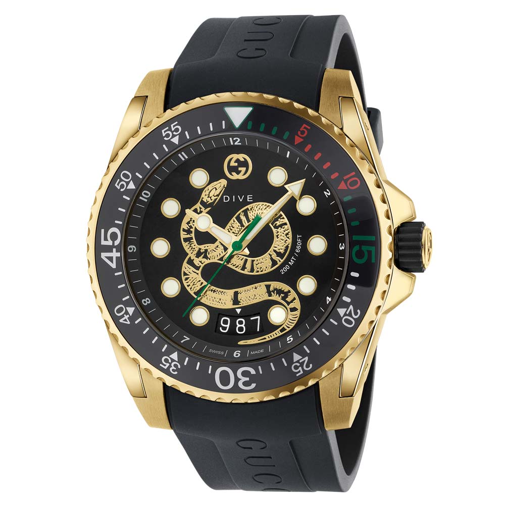 Gucci Dive 45mm Black Dial Gold PVD Stainless Steel Gents Watch YA136219