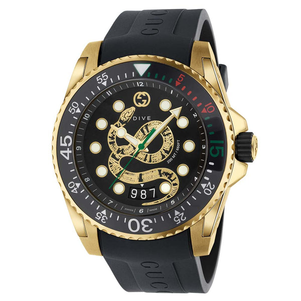 Gucci Dive 45mm Black Dial Gold PVD Stainless Steel Gents Watch YA136219