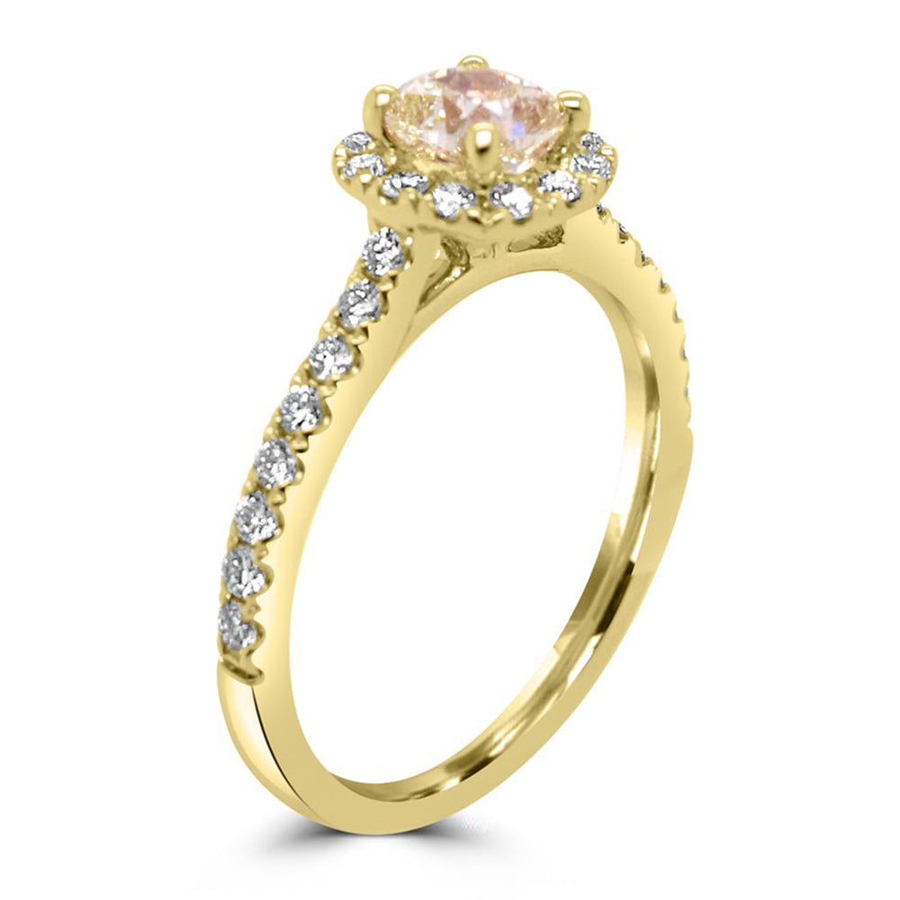 18ct Yellow Gold 0.65ct Cushion Cut Yellow Diamond And 0.37ct Diamond Halo And Shoulders Engagement Ring