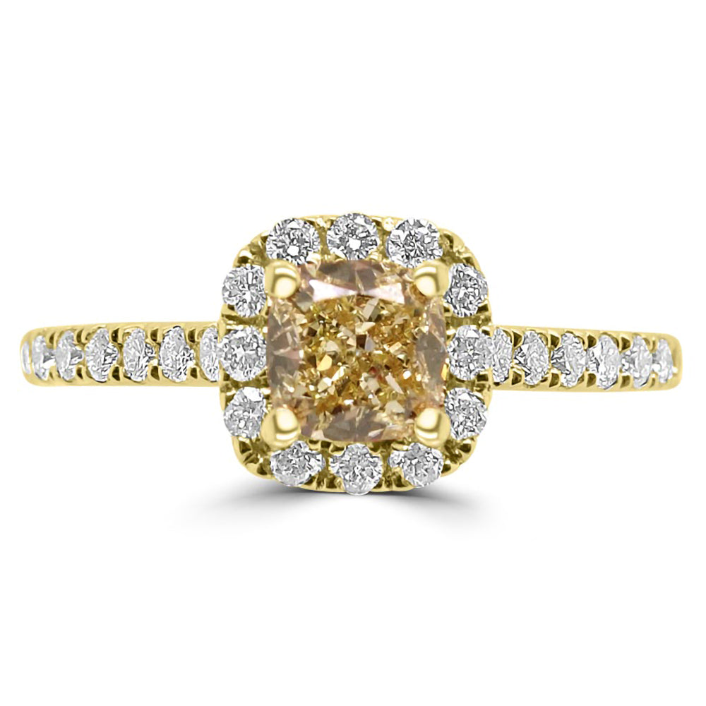 18ct Yellow Gold 0.65ct Cushion Cut Yellow Diamond And 0.37ct Diamond Halo And Shoulders Engagement Ring