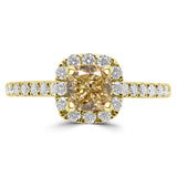 18ct Yellow Gold 0.65ct Cushion Cut Yellow Diamond And 0.37ct Diamond Halo And Shoulders Engagement Ring