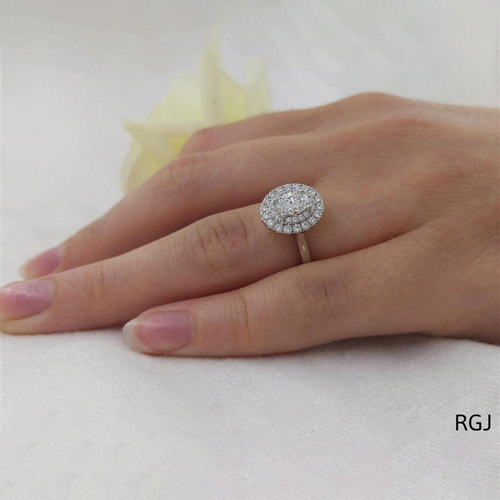 The Skye Duo Platinum 0.50ct Oval Cut Diamond Engagement Ring With 0.30ct Double Diamond Halo