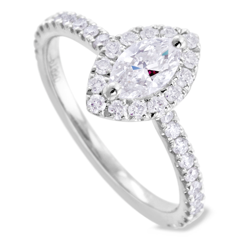 Platinum 0.89ct Marquise And Round Brilliant Cut Diamond Engagement Ring With Diamond Halo And Diamond Set Shoulders