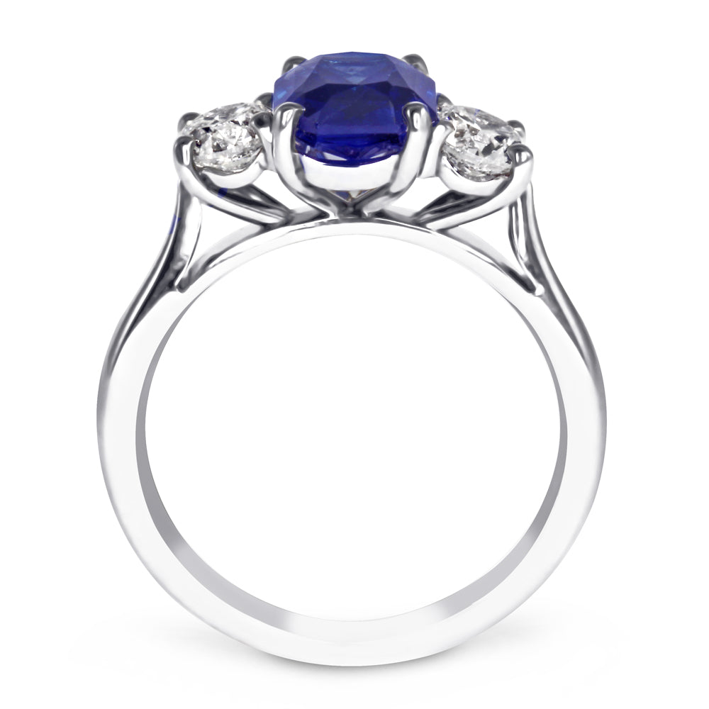 Platinum 1.96ct Radiant Cut Sapphire and 0.81ct Diamond Three Stone Engagement Ring