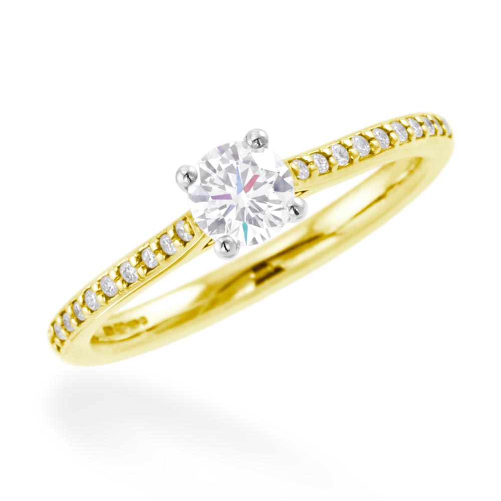 The Jasmine 18ct Yellow Gold And Platinum Round Brilliant Cut Diamond Solitaire Engagement Ring With Diamond Set Shoulders