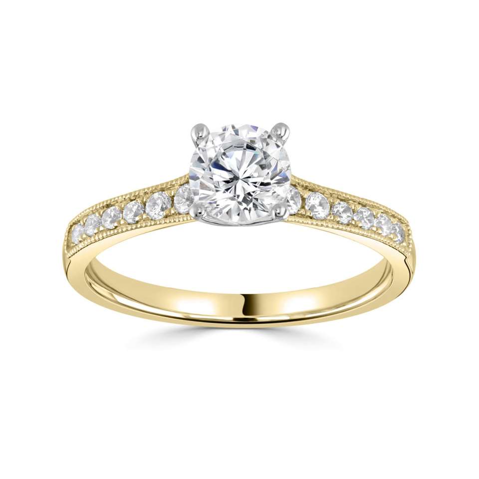 The Cassia 18ct Yellow Gold And Platinum Round Brilliant Cut Diamond Solitaire Engagement Ring With Diamond Set Shoulders