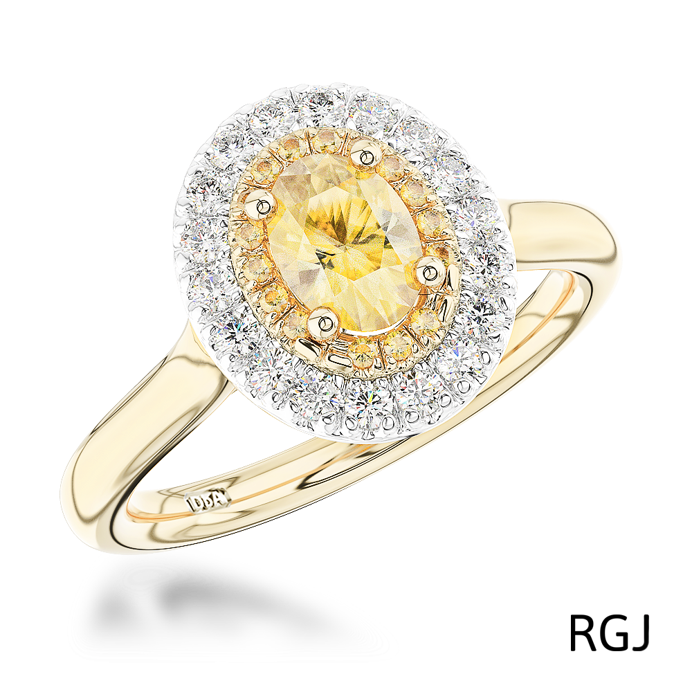 The Skye Duo 18ct Yellow Gold And Platinum 0.46ct Oval Cut Yellow Diamond Engagement Ring With 0.20ct Double Diamond Halo