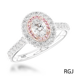 The Skye Duo Platinum And 18ct Rose Gold Oval Cut Diamond Engagement Ring With Pink And White Diamond Halo And Diamond Set Shoulders