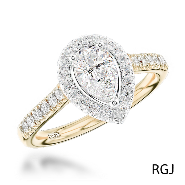 The Skye 18ct Yellow Gold And Platinum Pear Cut Diamond Engagement Ring With Diamond Halo And Diamond Set Shoulders