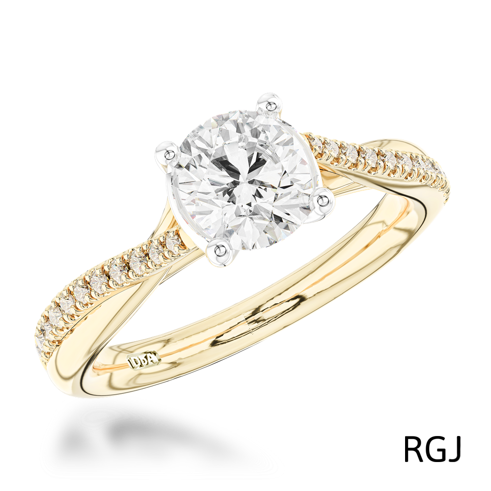 The Skye Twist 18ct Yellow Gold 0.70ct Round Brilliant Cut Diamond Engagement Ring With 0.14ct Diamond Twist Set Shoulders