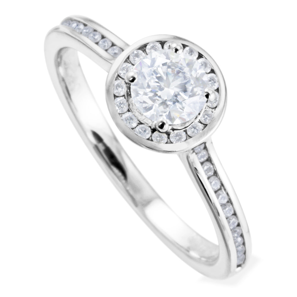 Platinum 0.65ct Round Brilliant Cut Diamond Engagement Ring With Diamond Halo And Diamond Set Shoulders