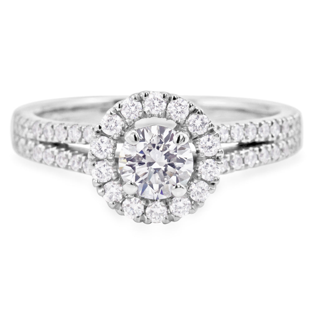 The Clementine Platinum Round Brilliant Cut Diamond Engagement Ring With Diamond Halo And Diamond Set Shoulders
