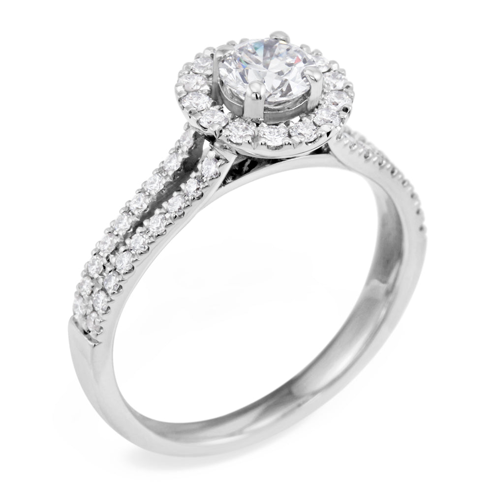 The Clementine Platinum Round Brilliant Cut Diamond Engagement Ring With Diamond Halo And Diamond Set Shoulders