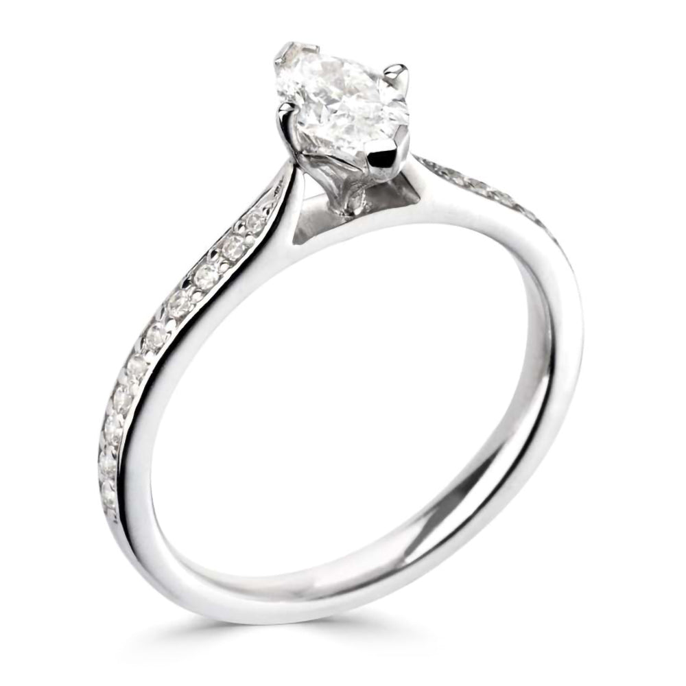 The Ivy Platinum Marquise Cut Diamond Solitaire Engagement Ring With Diamond Set Shoulders