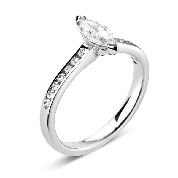 The Acacia Platinum Marquise Cut Diamond Solitaire Engagement Ring With Diamond Set Shoulders