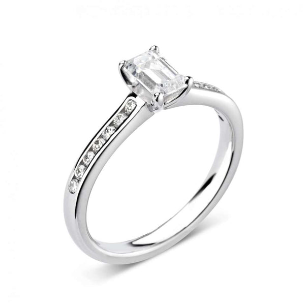 The Heather Platinum Emerald Cut Diamond Solitaire Engagement Ring With Diamond Set Shoulders