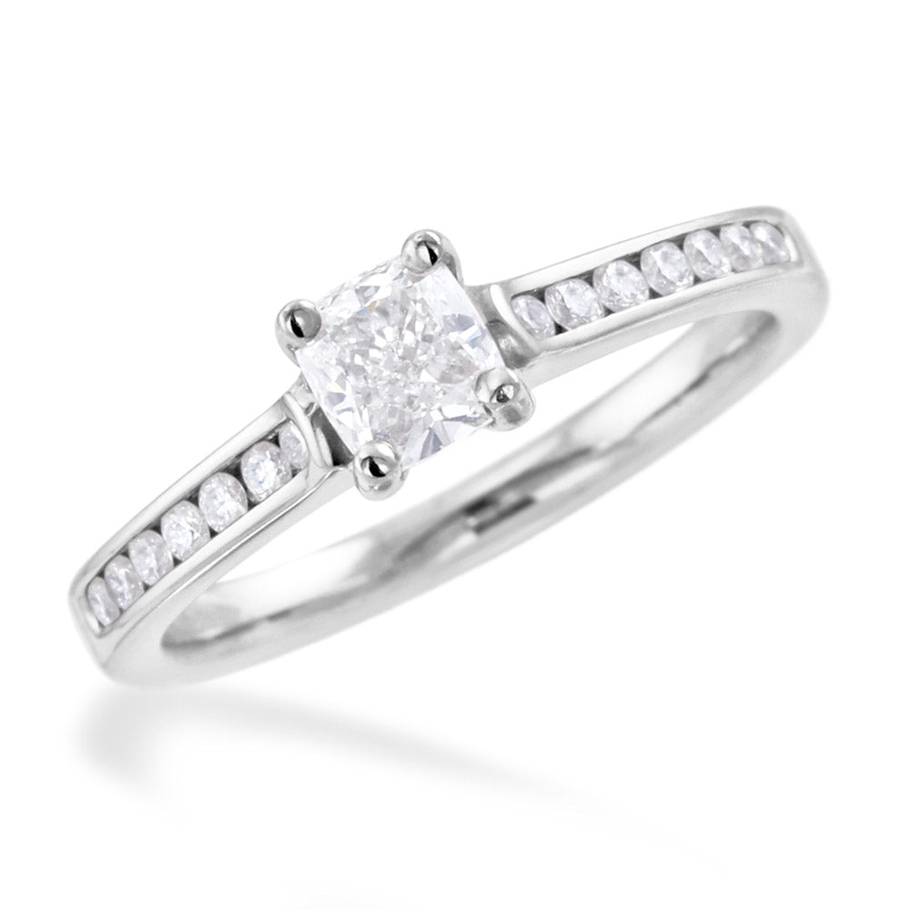The Waterlily Platinum 0.70ct Cushion Cut Diamond Solitaire Engagement Ring With 0.21ct Diamond Set Shoulders