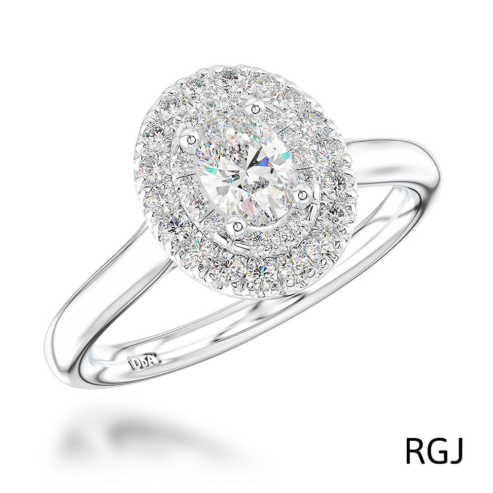 The Skye Duo Platinum 0.48ct Oval Cut Diamond Engagement Ring With 0.30ct Double Diamond Halo