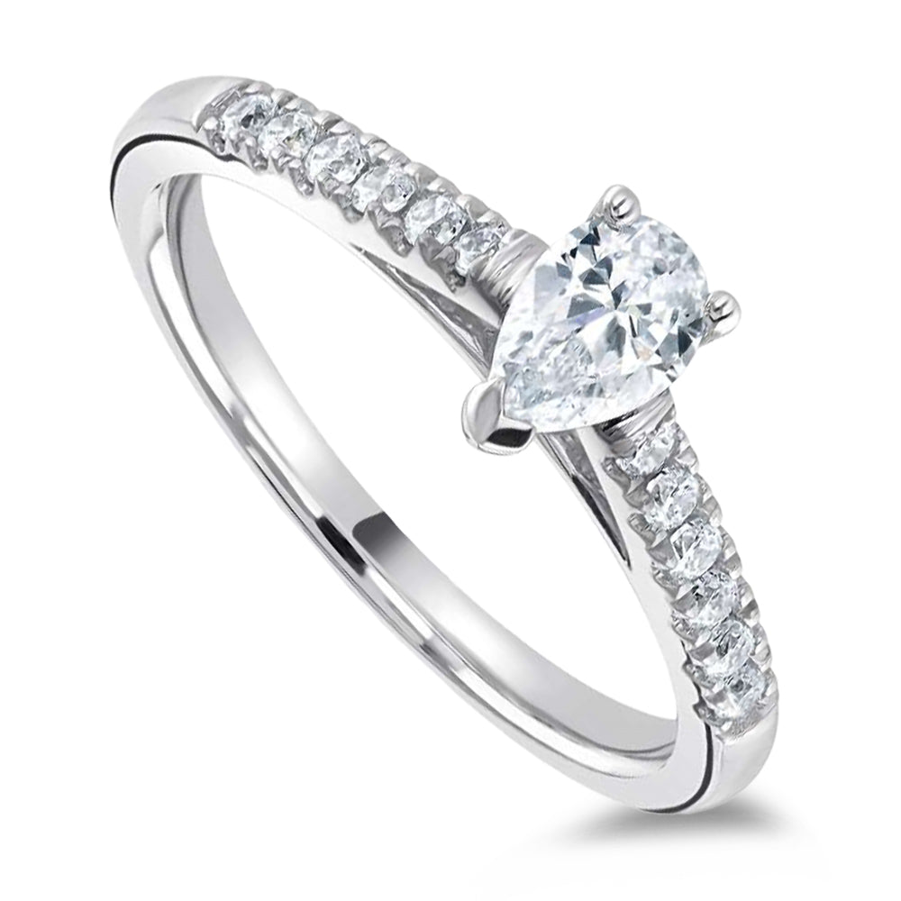 The Mistletoe Platinum 0.90ct Pear Cut Diamond Solitaire Engagement Ring With 0.18ct Diamond Set Shoulders