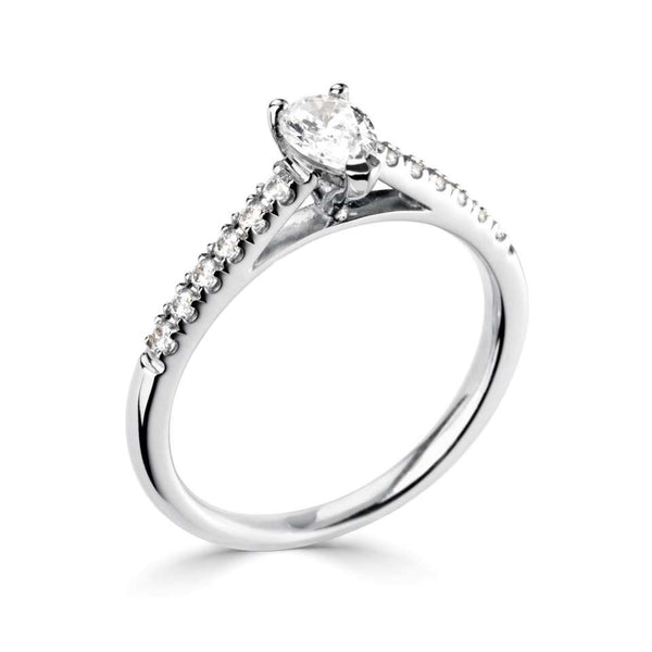 The Mistletoe Platinum Pear Cut Diamond Solitaire Engagement Ring With Diamond Set Shoulders