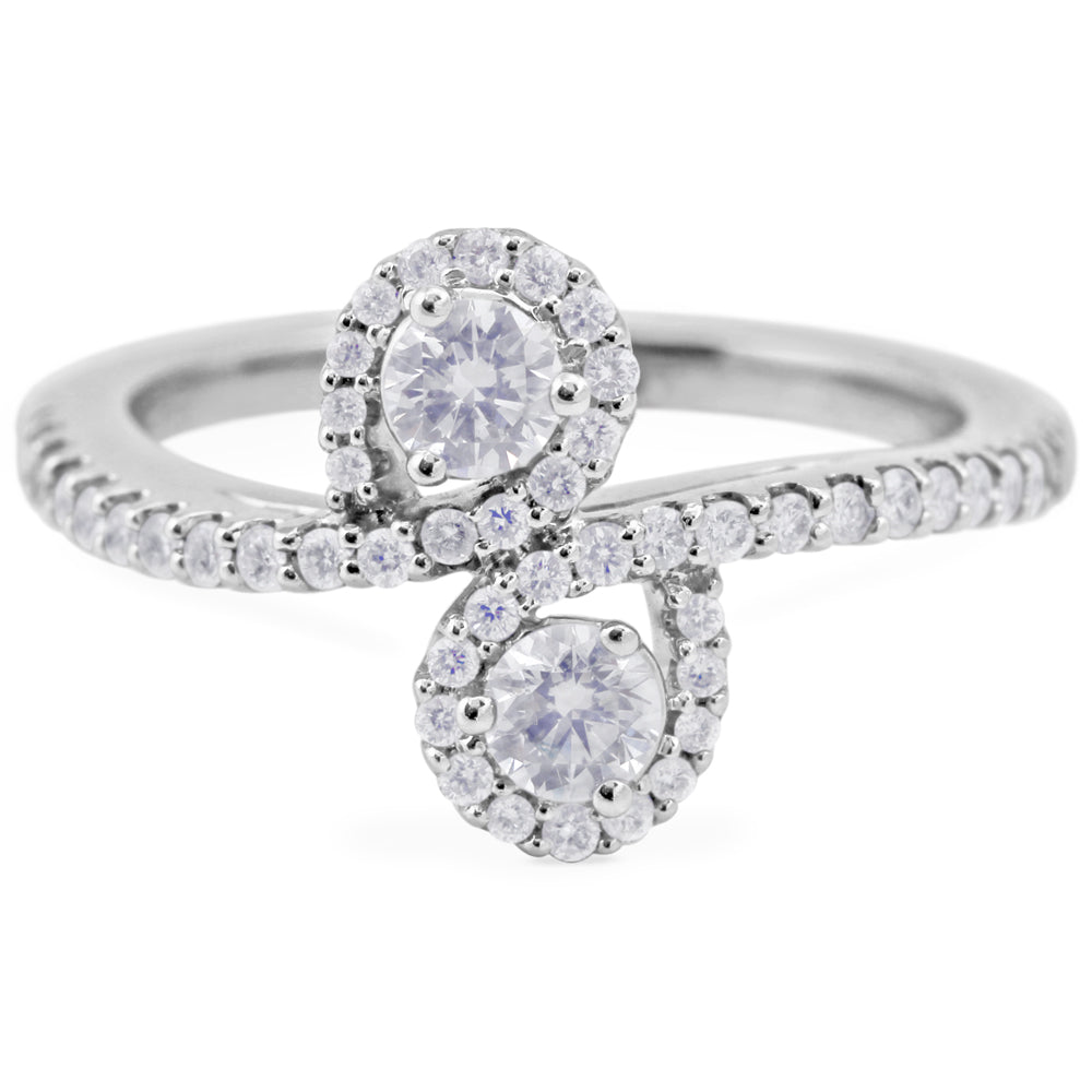 Platinum 0.50ct Round Brilliant Cut Diamond Crossover Toi Et Moi Ring With Diamond Shoulders And Halo