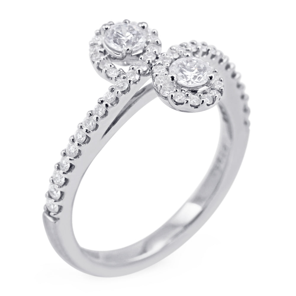 Platinum 0.50ct Round Brilliant Cut Diamond Crossover Toi Et Moi Ring With Diamond Shoulders And Halo