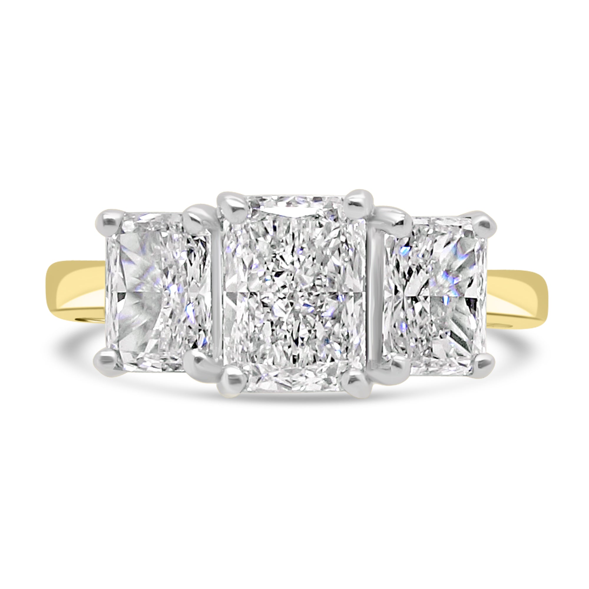 18ct Yellow Gold 2.01ct Radiant Cut Diamond Three Stone Engagement Ring