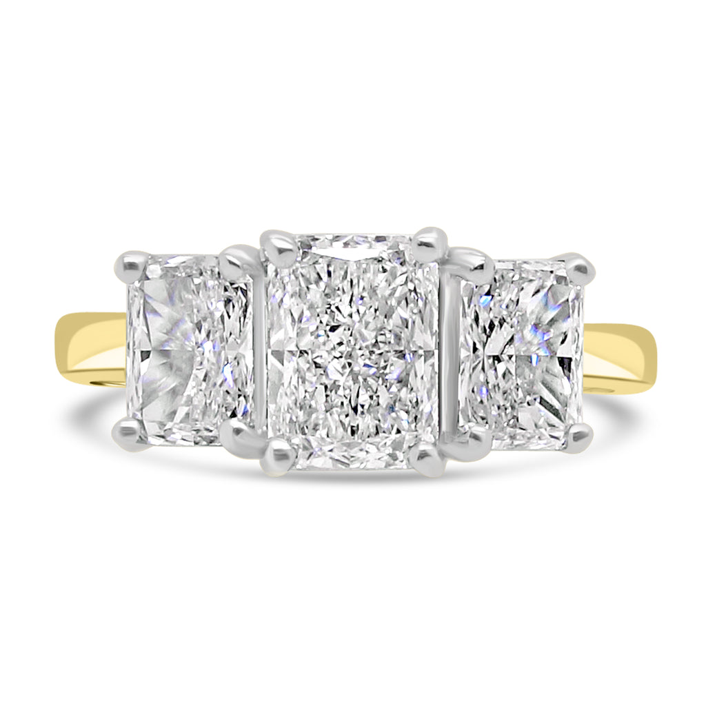 18ct Yellow Gold 2.01ct Radiant Cut Diamond Three Stone Engagement Ring